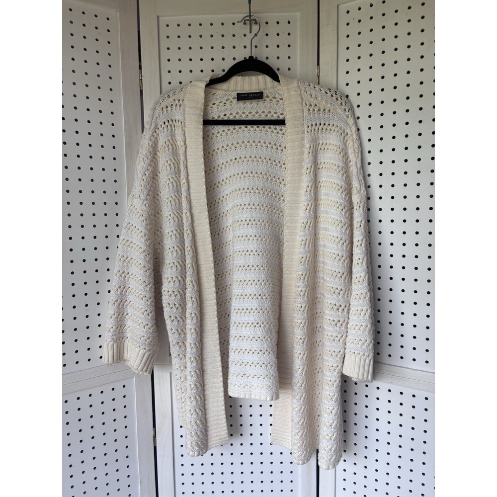 Lane Bryant 26/28 Open Front Chunky Knit Cardigan Sweater Ivory White Stripe
